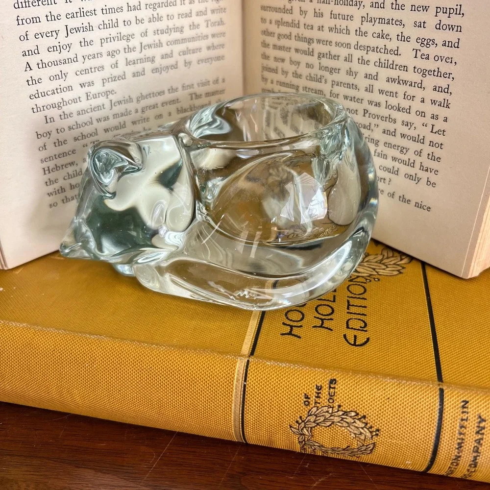 Vintage Sleeping Cat Glass Trinket Dish, Cottagecore Decor